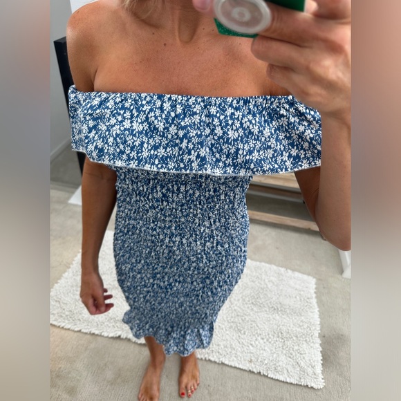 SHEIN blue & white floral off the shoulder bodycon midi ruffle summer dress XS - Picture 6 of 9